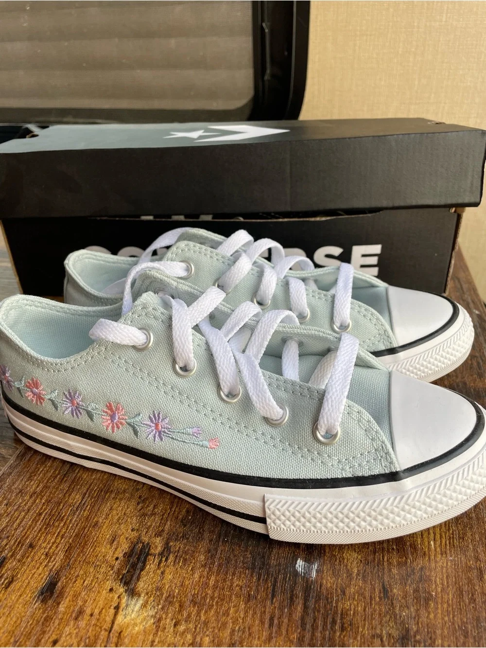Converse Kids Low-Top Canvas Sneakers in Light Mint with Floral Embroidery